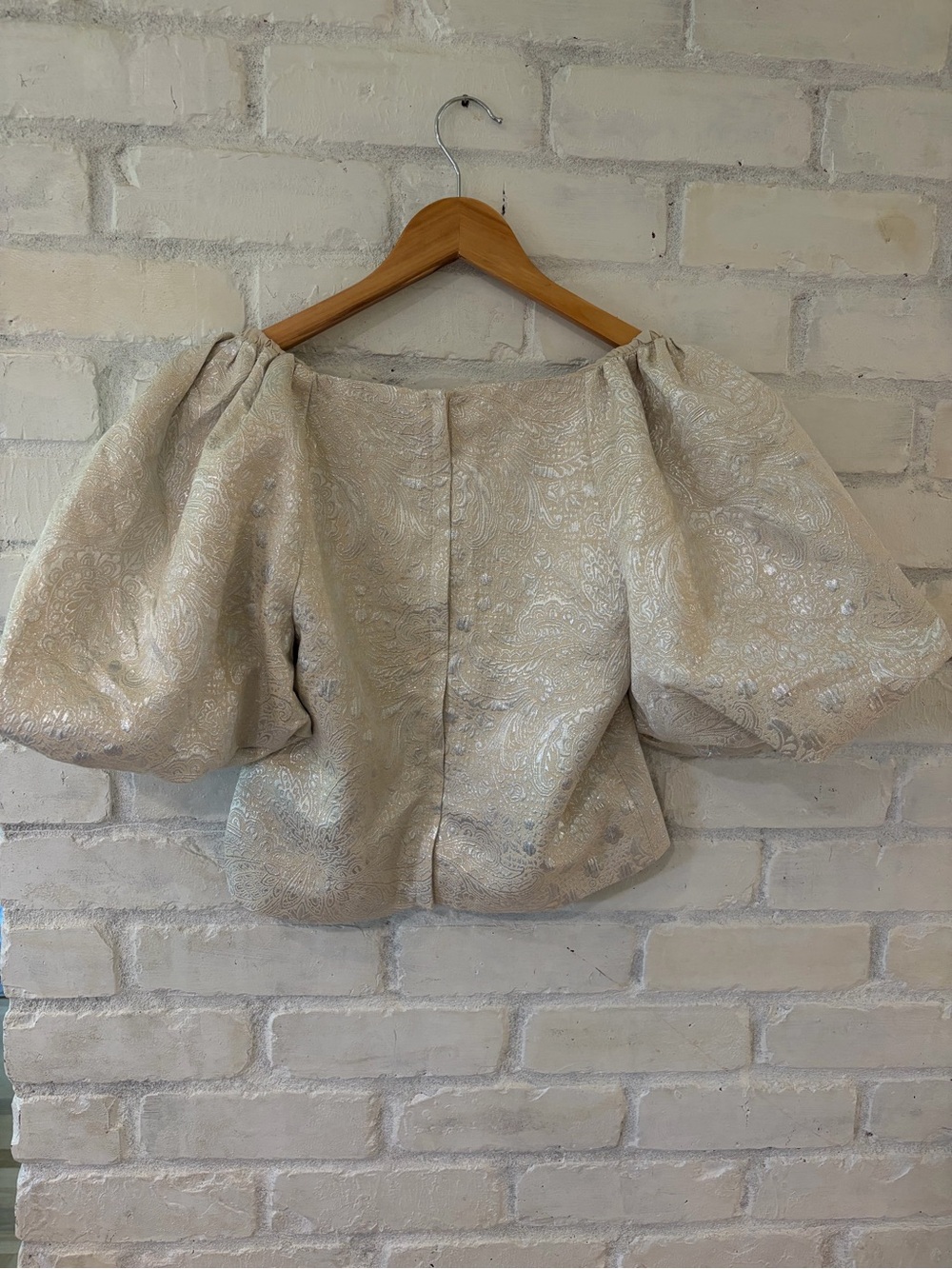 Rachel Zoe Metallic Ivory Puff-Sleeve Brocade Top - Picture 2 of 7